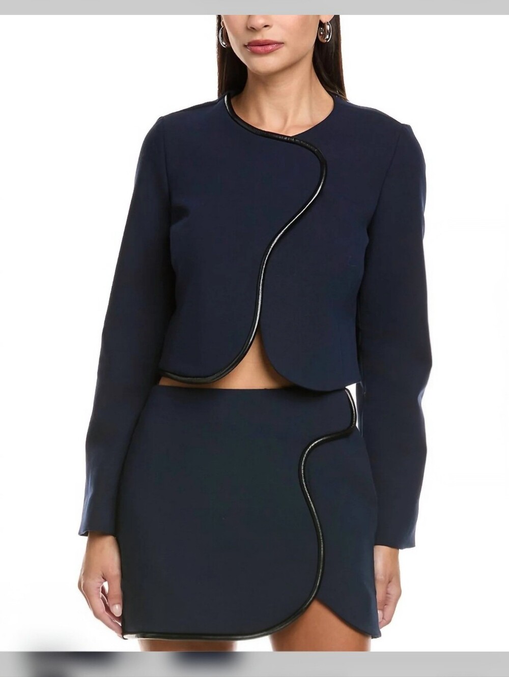 Amanda Uprichard Andie Jacket Navy Blue Leather Trim Cropped Sz M